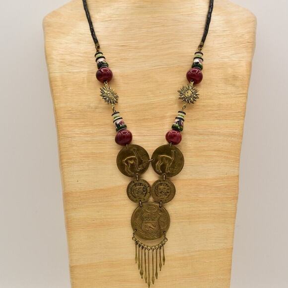 Vintage Statement Necklace Peruvian Coin Pink Black Cord Beaded Heavy 70s Bin7A